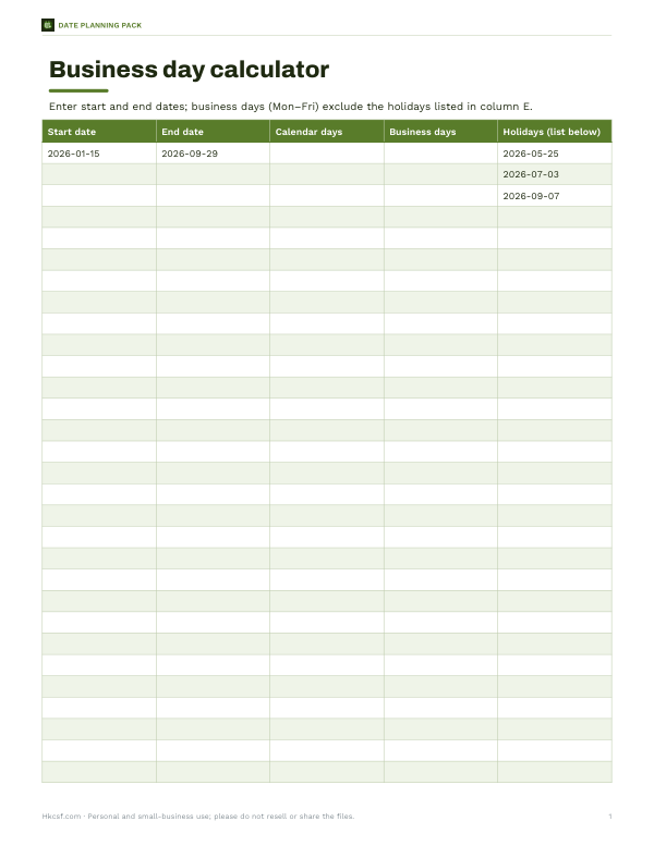Preview of Business Day Calculator Sheet