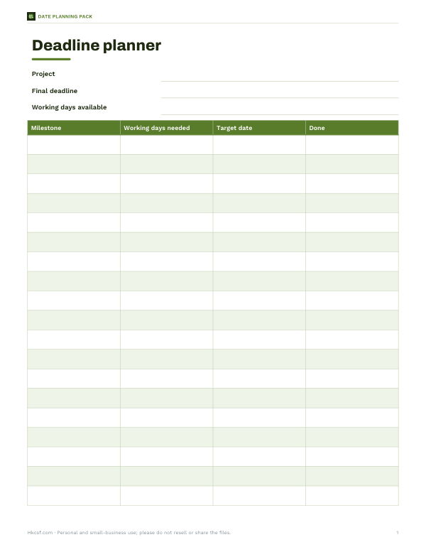 Preview of Printable Deadline Planner