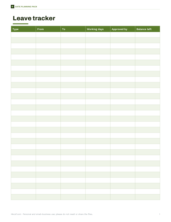 Preview of Printable Leave Tracker
